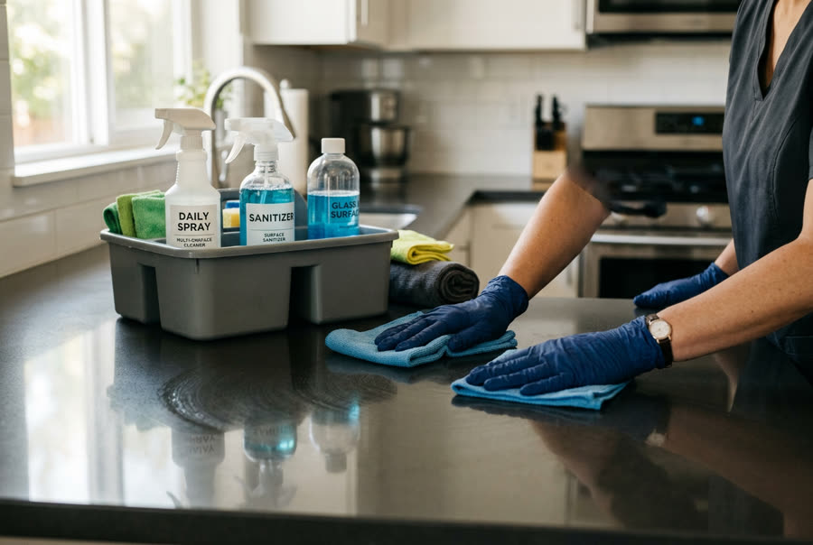 Gloved hands wiping down a kitchen counter