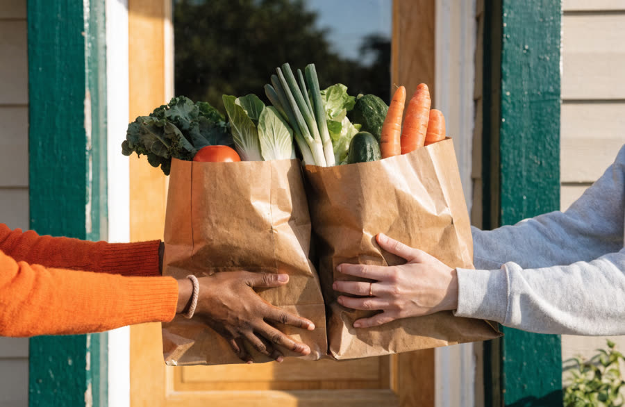 Two grocery bags handed over at a front door