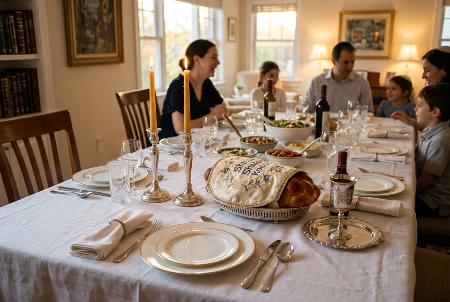 A set Shabbos table with candles and covered challah