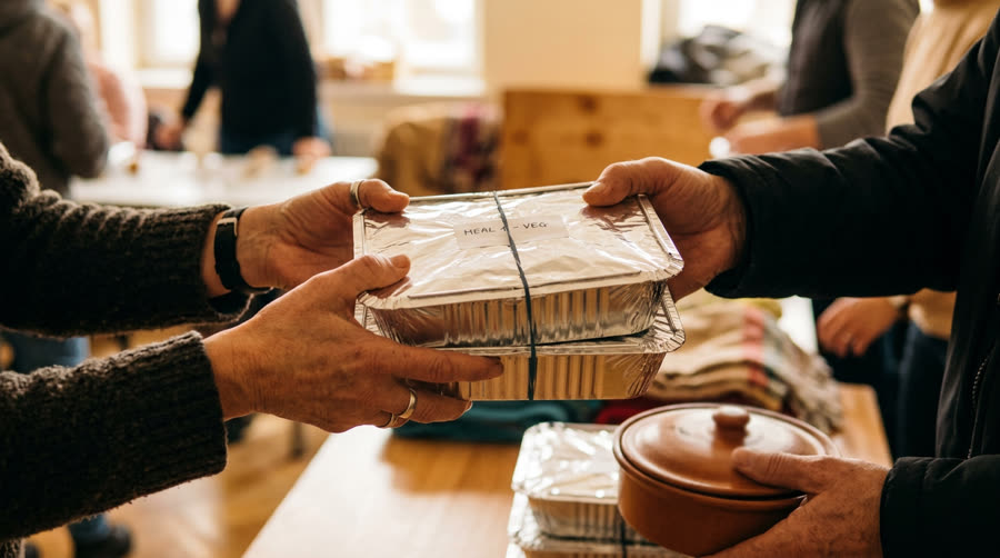 A wrapped cooked meal passed from hand to hand