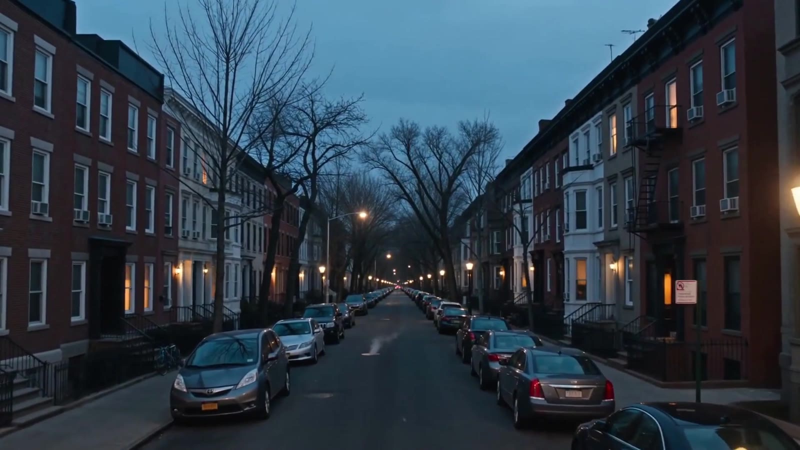 A residential street at dawn, cars parked, lights still on in the windows