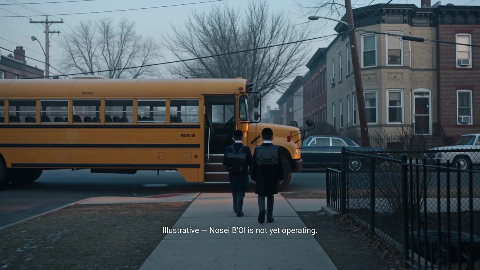 A yellow school bus at a gate on a grey morning as children walk in