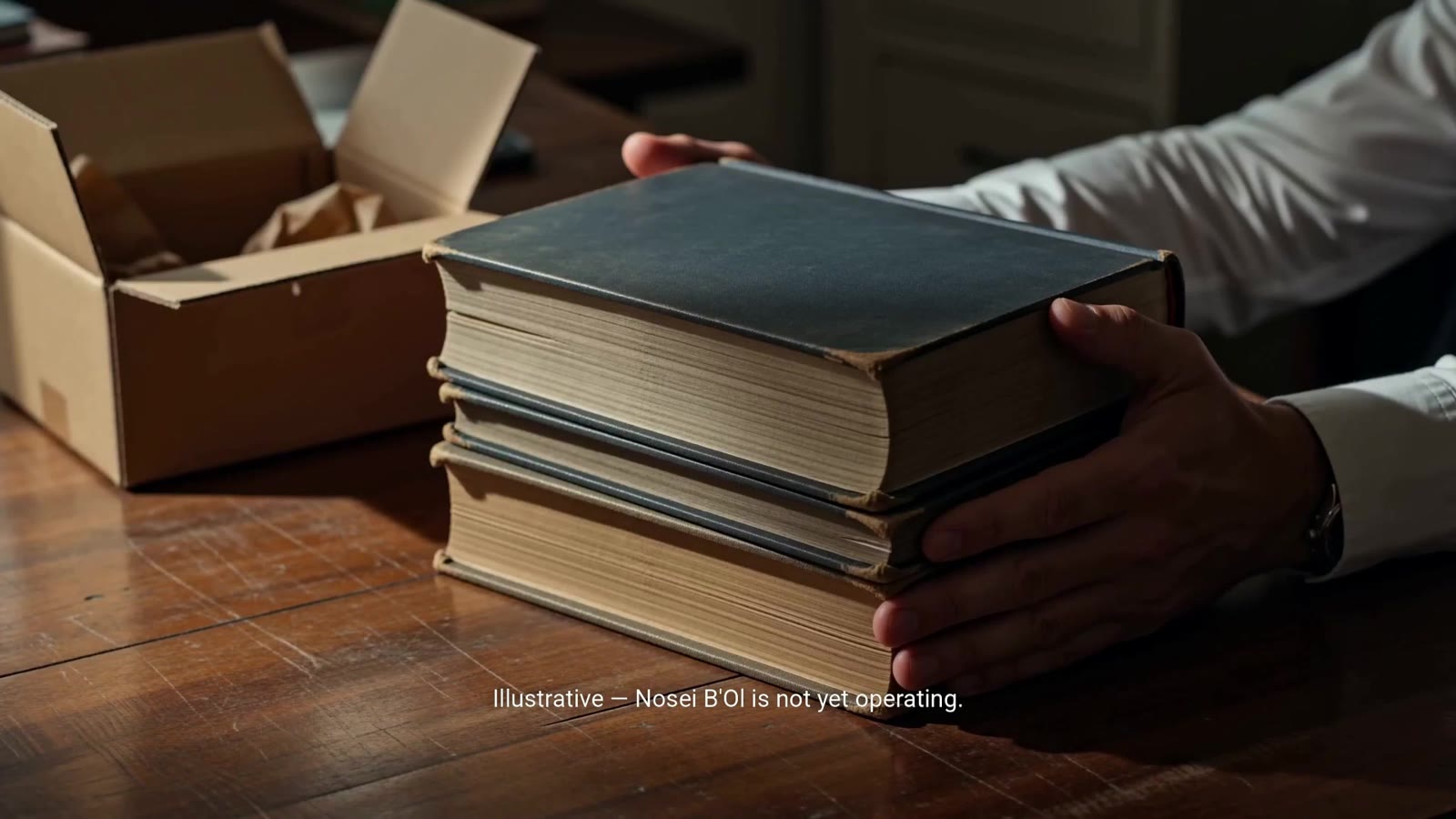 Hands lifting a stack of sefarim out of a shipping box