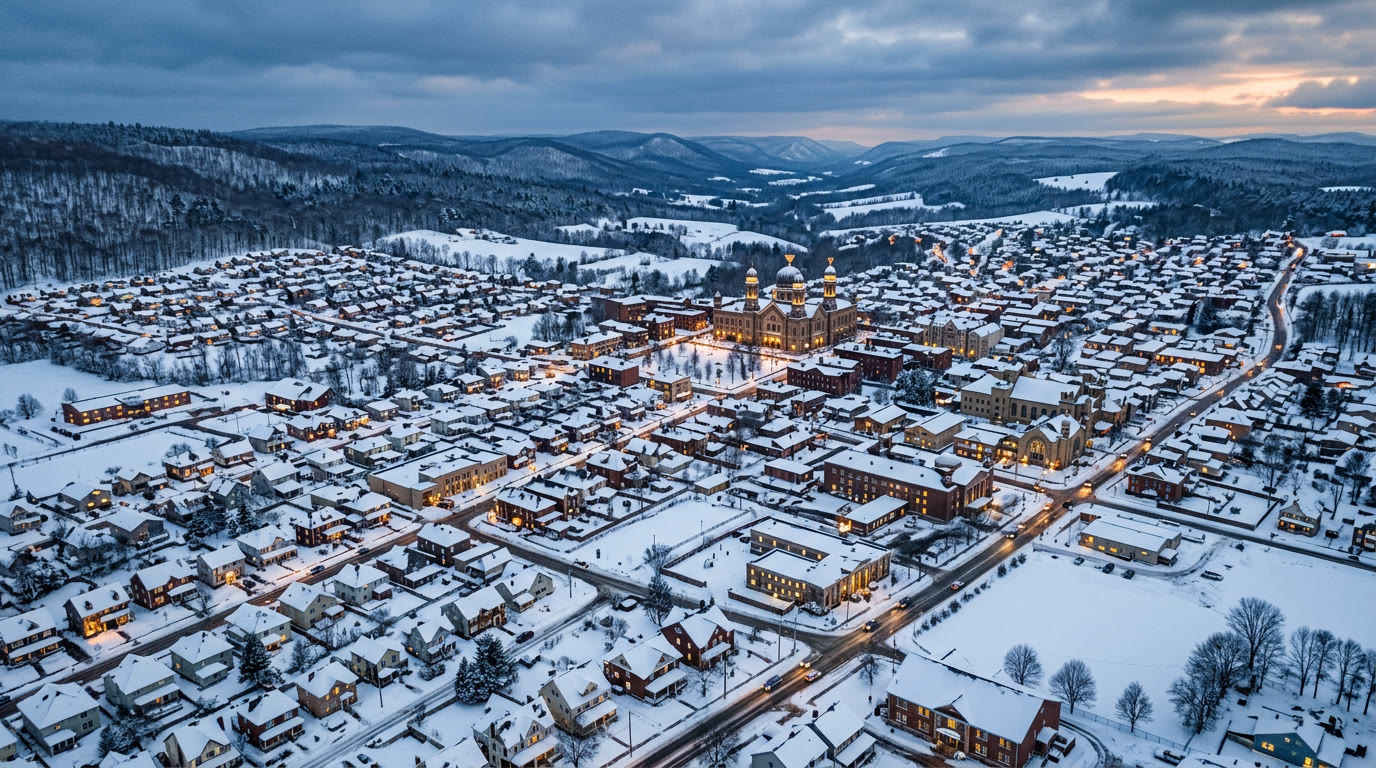 Winter evening aerial rendering of Nesivos with the shul lit at the center