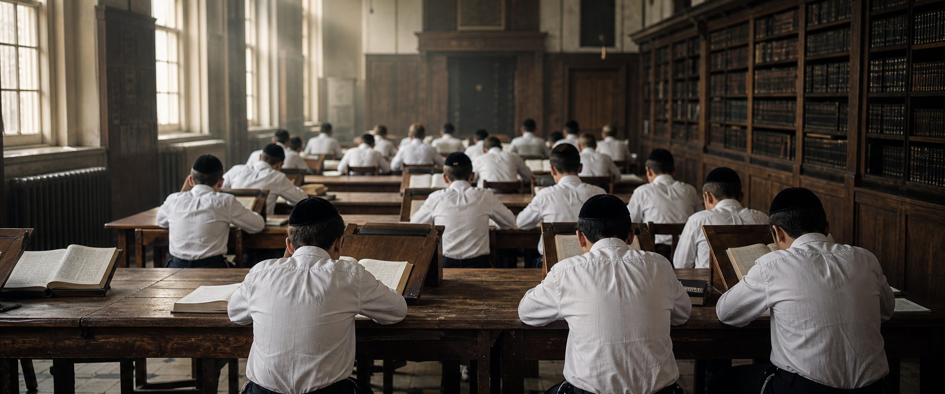 A yeshiva study hall in early morning