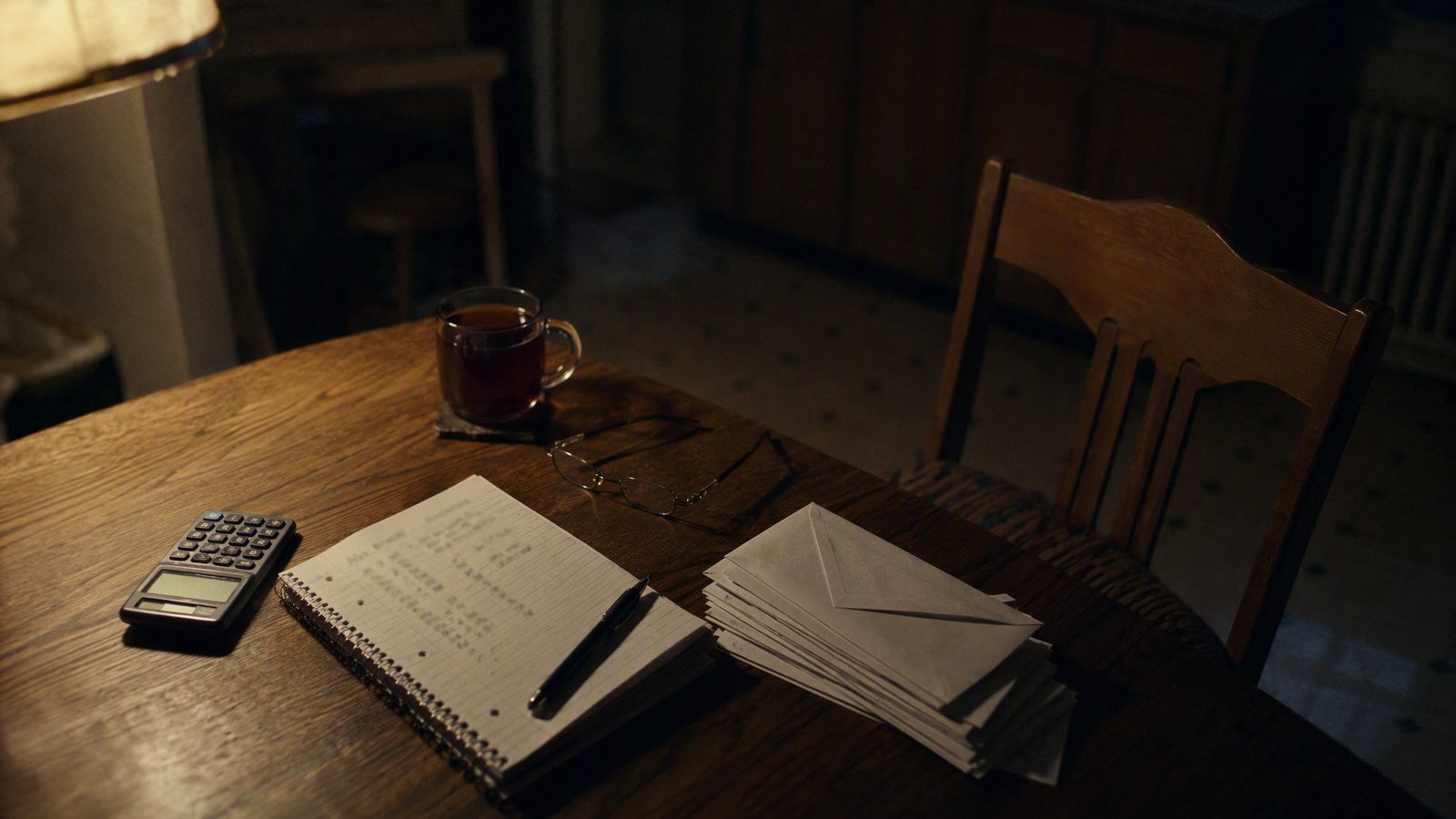 A kitchen table at night with bills and a calculator